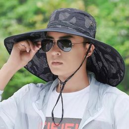 Men Summer Outdoor Sport Camouflage Fishing Fisherman Cycling Sun Hat Flat Big Brim Sunscreen Windproof Rope Bucket Cap