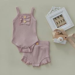 Clothing Sets Infant Baby Girls Casual Suit Solid Sleeveless Sling Cotton Rib Romper Tops Ruffled Short