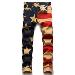 Men's Jeans Men American Flag Print Fashion Stripe Stars Digital Printed Paint Denim Pants Slim Stretch Pencil TrousersMen's