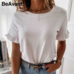 BeAvant Casual ruffled short sleeve loose shirts Fashion solid plain round neck t shirt Spring summer all-match top ladies 210709