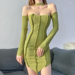 Casual Dresses Charming Women Sexy Dress Long Sleeve Off Shoulder Neck Hanger Solid Color Ribbed Mini Female Outfits Party Club SummerCasual