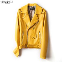 2022 Spring Women New Yellow Faux Leather Jackets Motorcycle Biker Pink Black Outerwear with Belt Lady Pu Leather Jacket L220801