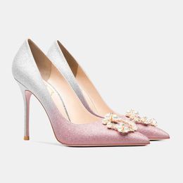 Famous brand 2022 New Pointed Toe Buckle Woman High Sexy Wedding Thin Heels Dress Shoes Stiletto Hee Pearl Pumps Big Size 34-43 Designer Classic luxury