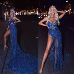 2022 Bright Blue Short Prom Dresses Sequins Sleeveless Strapless V Neck Appliques Puff Appliques Sequins Sexy Chic Party Gowns Sweep Floor Length Plus Size