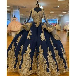 Luxury Princess Gold Quinceanera Dress Ball Gown Beading Sequiined Long Sleeve Cinderella Sweet 16 Dresses Vestidos De 15 Años