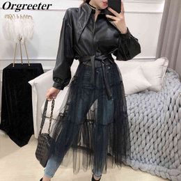 Chic Design Solid Colour Long Mesh Gauze Stitching PU Leather Coat 2020 Spring New Women Fashion Black/Green Outwear With Belt L220728