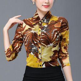 Women's Blouses & Shirts Spring Fall Office Lady Women Slim 3XL Full Sleeve Painted Stretch Mesh Blouse Female Woman Casual Printed ShirtsWo