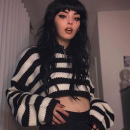 Women's Hoodies & Sweatshirts Spring Autumn Loose Casual Women Sweater Black White Stripe Pattern Round Collar Knitted Crop Tops Fashion Sty