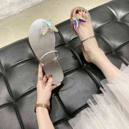 Slippers Crystal Toe-clip Butterfly Sandals Women's Low Heel Flat Summer Open Toe Shoes Fashion 220530