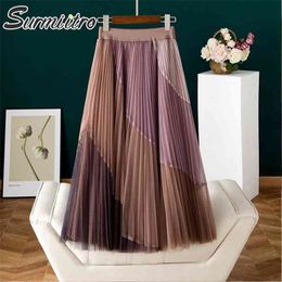 SURMIITRO Korean Style Tutu Tulle Long Skirt Women Spring Summer Spell Colour Mesh High Waist Pleated Midi Skirt Female 210331