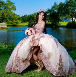 Шампанское блестящее платье с мячом Quinceanera платья свадебные бутик -ботики Sheeetheart Sequines Applique Sweet 15 16 Press Party Wear