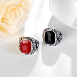 ruby and NZ - Whole--Tibetan silver Ring 7-10# European and American aristocracy Men's Black Ruby Multi-Ridge Alloy Ring Jade ring A12988