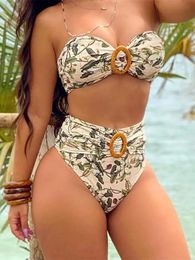 Women's Swimwear Mandylandy Women Summer Plants Print High Waist Bandeau Bikini Set Sexy Bra + Brief Two Piece Beachwear Bathing