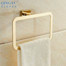 QINGYU ELEVEN Square Towel Rings Luxury Gold Polished Stainless Steel Wall-Mounted Towel Hooks Towel Rings for Bathroom T200605