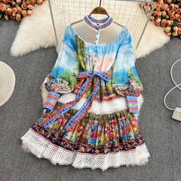 Truercolory Spring Summer Runway Lace Stitching Dress Women's Stand Collar Lantern Sleeve Sashes Belt Chic Floral Dress 220713