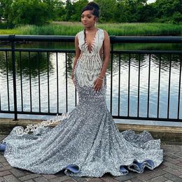 Sexy Glitter Mermaid Prom Dress 2022 For Black Girls Sheer Neck Beading Sequins Aso Ebi Party Gowns Vestidos De Fiesta