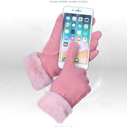 Five Fingers Gloves Winter Female Double Thick Plush Wrist Warm Cashmere Glove Cycling Pink Mittens Women Suede Leather Touch Screen Driving