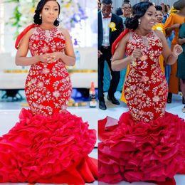 2022 Plus Size Arabic Aso Ebi Luxurious Mermaid Red Prom Dresses Sequined Lace Evening Formal Party Second Reception Birthday Engagement Gowns Dress ZJ586