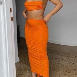 Orange 2 Piece Set Women Summer Sexy Halter Crop Top And Skirt Outfits Fashion Backless Skirt Set For Club Party Beach 220602