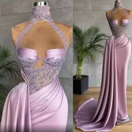Evening 2022 Lavender Dresses Mermaid Plus Size Sleeveless High Neck Sparkly Sequins Beaded Ruched Pleats Sweep Train Custom Made Prom Party Gowns Vestido