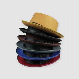 Unisex Ladies Mens Sunhats Hard Felt Wide Brim Boater Flat Top Pork Pie Hat Gentleman Holiday Fedora Cap G220301