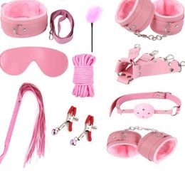 Nxy Sm Bondage Bdsm 7 piece Set Restraint Handcuffs Sex Game Whip Gag Nipple Clamps Erotic Accessories Toys for Adults Couples 220423