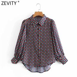 Zevity Women Vintage Houndstooth Print Chiffon Smock Blouse Ladies Turn Down Collar Shirt Chic Femme Breasted Blusas Tops LS7495 210603