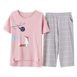 est Summer 100%Cotton Cartoon Women Pajamas Set Round Neck Casual Plus Size M-5XL Female Pyjamas Short Top+Short Pants 220421