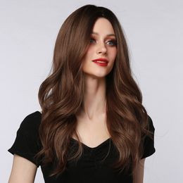 Long Water Wave Synthetic Wigs Dark Brown Wig Natural Middle Part Wigs for Women Cosplay Lolita Faker Hair Heat Resistant Fiberfactory direc