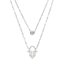 Chains Double Layer Fine 925 Sterling Silver Women Jewellery Necklace Micro Pave CZ Geometric Round Disco Hamsa Hand Pendant NecklacesChains