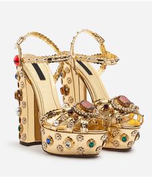 2022 summer golden hollow one-word buckle rhinestone sandals 14CM high-heeled open-toe thick-heeled platform high-heeled shoes