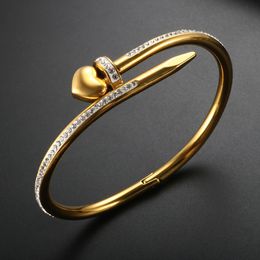 stainless steel charm bracelet UK - Full Crystal Bangle For Charm Women Girl Stainless Gold Rose Color Love Heart Bracelets