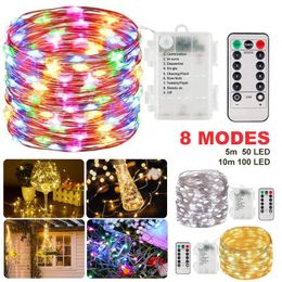 Strings LED String Lights Remote Control Copper Wire Battery Powered 8 Modes Outdoor Fairy Garland Christmas Year Decoration