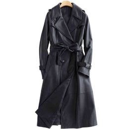 Lautaro Autumn Long Black Leather Trench Coat for Women Long Sleeve Belt Lapel Luxury Spring British Style Outerwear Fashion L220728
