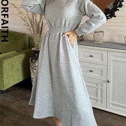 Colorfaith 2022 Thicken High Elastic Waist Pockets Lady Korean Fashion Vintage Warm Women Spring Winter Long Dresses DR1248 220317