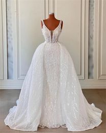 White Mermaid Wedding Dresses For Women Bride Spaghetti Bridal Dress With Cape Sparkly Engagement Gowns Robe De Marriage