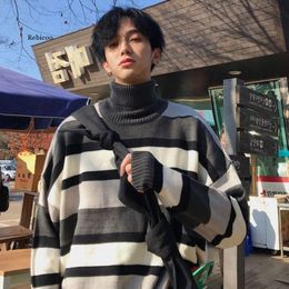 Men's Sweaters Turtleneck Men Striped Simple All-Match Loose 2Xl Harajuku Chic Korean Mens Clothing Knitting High Quality FashionableMen's