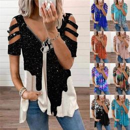 V Neck Zipper Short Sleeve Top Summer Sexy Women Printed Hollow Out T Shirt Fashion Loose Off Shoulder Casual Plus Size Shirts 220402