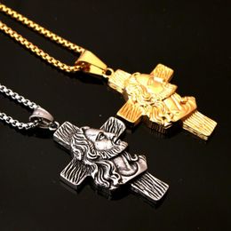 Pendant Necklaces Vintage Silver Color/Gold 316L Stainless Steel Human Face Cross Cucifix Mens Boys Chain Necklace 24" Fashion JewelryP