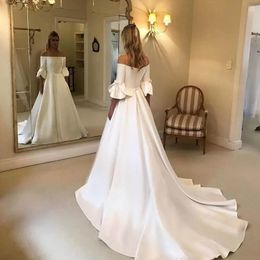 Off Shoulder Simple Satin Wedding Dresses With Three Quarter Length Trumpet Sleeves Juliet Beautiful Garden Bridal Wedding Gowns