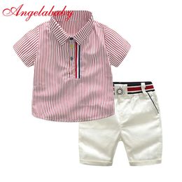 Children's gentleman summer clothes striped short sleeve tops + white shorts 2 pcs clothing sets for kids baby boys party suits 220419