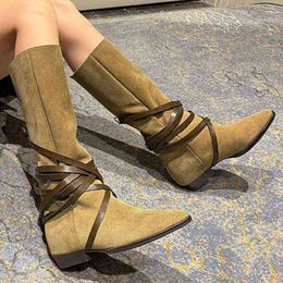 BootsDilalula Brand Design Women Knee High Boots Pointed Toe Increased Internal Cross-Tied Cow Suede Leather Party Dating Shoes Woman G220813