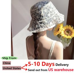 Wide Brim Hats Korean Lace Hat For Women Soft Hollow Out Flower Sun Floppy Summer Dress Ladies Bucket HatWideWide