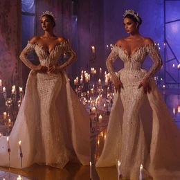 Luxury Mermaid Wedding Dress Long Sleeves Deep V Neck Off Shoulder Appliques Sequins Detachable Train Floor Length Illusion Custom Made Ruffles Bridal Floor Length
