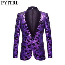 PYJTRL Sequins Velvet Series Men Purple Velvet Floral Sequins Blazers Wedding Prom Stage DJ Singers Suit Jacket Slim Fit Costume 201104