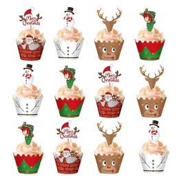 Other Festive & Party Supplies 24pcs/set Christmas Paper Cupcake Wrapper Santa Claus Cake Toppers For Xmas Year Birthday DecorationOther