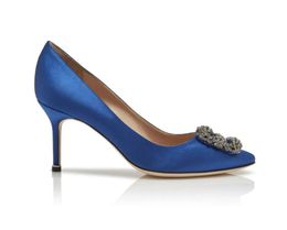 -Luxusmarken Frauen Pumpe Blahniks Kleid Schuh High Heels Hangisi 70 mm blaues Satinleder mit Juwelschnallen Pumps Lady Hochzeitsfeier