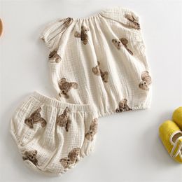 Cartoon Bear Printing Baby Clothes Summer Vintage Linen Cotton Sleeveless ShirtPp Shorts Suit for Toddler Girl Clothing Outfits 220608