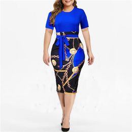 Vintage Print Plus Size Knee length Dress Womens Summer Short Sleeve Midi Elegant Dresses Sexy High Waist Robe 220630