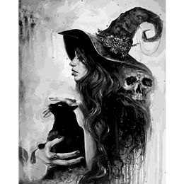 paintings witches Australia - Paintings AMTMBS Abstract Black And White Witch Cat DIY Painting By Numbers Drawing On Canvas Picture Wall Art Number Decor